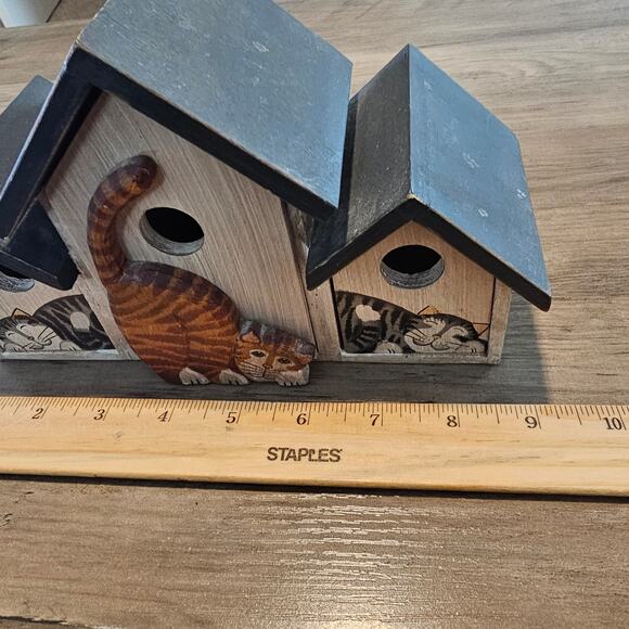 Vintage Cat Wood House Container 3 Pull Out Drawers Kitty 90s Cottage Retro - Picture 12 of 14